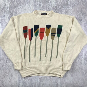 Vintage New River Sweater Mens Large Beige Paddles Knit Ivy Preppy J. Riggins